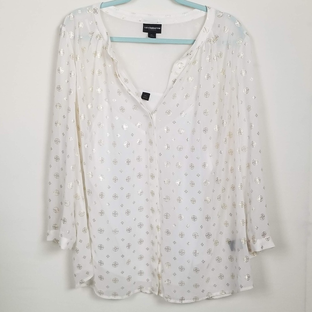 Liz Claiborne Career Sheer Cream and gold Blouse